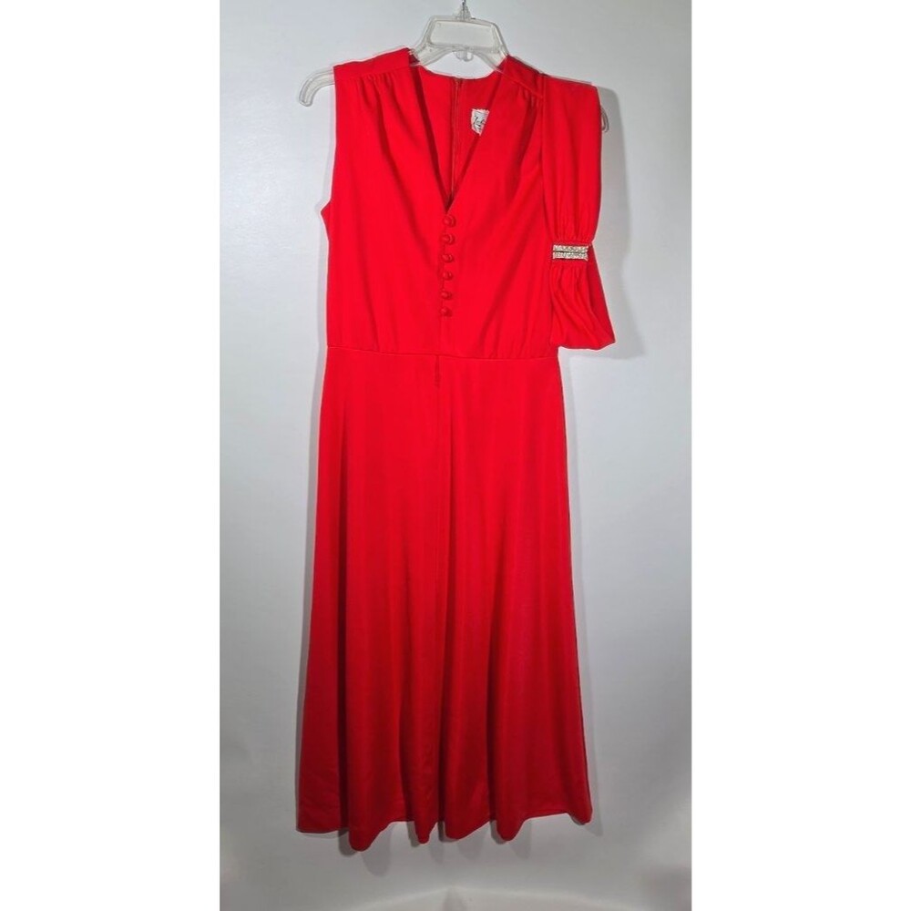 Vintage Leslie Fay Original Red Maxi Dress Rhinestone One Shoulder Cocktail M